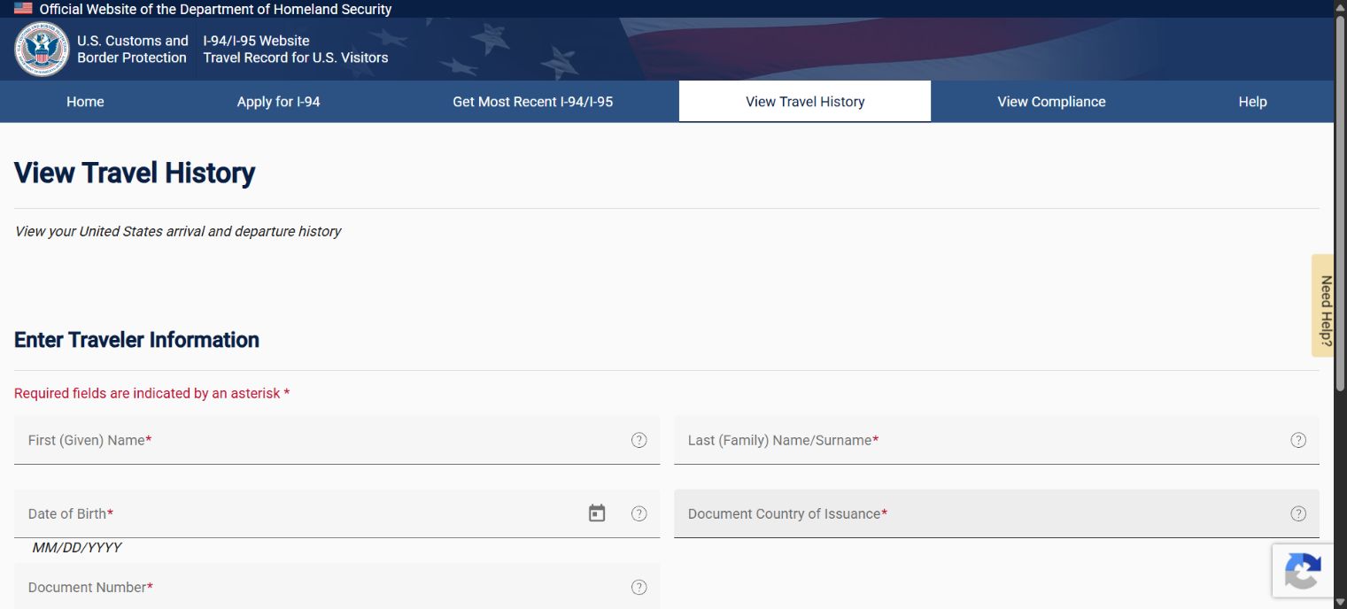 CBP(美国海关与边境保护局) View Travel History 的 Enter Traveler Information 表单,包含 First/Last Name、Date of Birth、Document Country of Issuance、Document Number